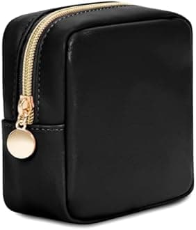 Wandering Nature Small Makeup Bag for Purse Zipper Cosmetic Bag for Women Pouch Travel Eco Vegan Leather Make Up Organizer for Toiletry Bag Water Resistant Gift Idea, Black, Black, Mini, Makeup Bag