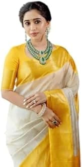Flosive Women's Sun Yellow&White Golden Zari Shine Soft Kanjivaram Silk Wedding Saree