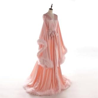 Women's Feather Bridal Robes Old Hollywood Maternity Photoshoot Nightgown Silk Bathrobe Long Lingerie