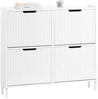 SoBuy Narrow Shoe Rack with 4 Flip Drawers Slim Wooden Shoe Storage Cupboard for Hallway Entrance Foyer or Understairs White W100 x D19 x H91cm FSR177-L-W