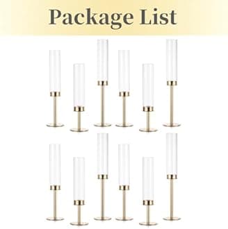 Hewory Gold Candle Holders Hurricane Candlestick Holders, 12Pcs Candle Stick Candle Holder Candelabra, Taper Candle Holders with Glass Candle Cover for Wedding Table Centerpiece Christmas Decor