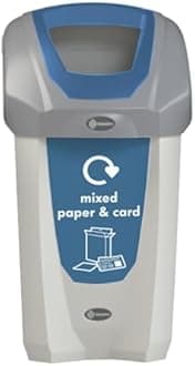 Nexus 30 Mixed Paper & Card Recycling Bin (Grey, Pastel Blue Sticker) – Plastic Recycling Container for Mixed Waste – Compact 30-Litre Mixed Recyclables Recycling Bin