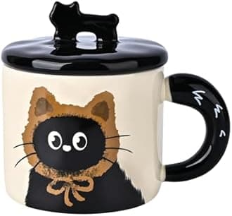 Koythin Ceramic Coffee Mugs, Unique Tea Cup for Latte Cappuccino Juice Hot Tea, Funny Coffee Mug with Cat Pattern for Girl Mom Women, Chubby Handle Cute Cat Cup, 10 oz/300 ml (Khaki)