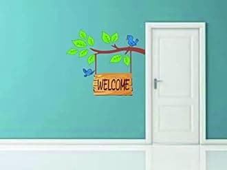 Door Wall Sticker Welcome with Tree Green Leaf & Birds Wall Stickers Multicolor ( Size - 52 Cm X 51 Cm )