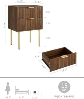 AEPOALUA Nightstand,Morden Bedside Table with Gold Frame,Small Night Stand,End Table,Bedside Furniture,Side Table with Drawer and Shelf for Bedroom,Living Room (2Drawers, Walnut Brown)