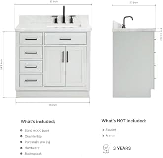 ARIEL Bathroom Vanity 37" Grey, 1.5" Edge Italian Carrara Marble Countertop & Splash, Rectangular Sink, 2 Soft Closing Doors, 5 Full Extension Dovetail Drawers, Toe Kick, Matte Black