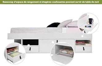 Bali Functional Bed,150 x 200 cm, White, with Plenty of Storage Space and Drawers, Ideal for Small Bedrooms, Bed Made of Solid Wood and White Medium-Density Fibreboard (MDF), with Slatted Frame