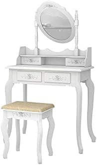 Vanity Table Set, Makeup Table with Oval Mirror Hollow Carved Frame, Wood Dressing Table Cushoined Stool with 4 Drawers Kids Girls Women Bedroom Furniture, White