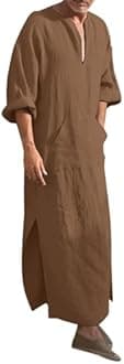 YOUYING Kaftan Thobe Mens Short Sleeve V-Neck Linen Robe Big and Tall Muslim Robe Casual Loose Lightweight Long Sleeping Gown