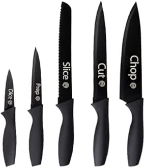 MasterChef Knife Set of 5 Kitchen Knives for Cooking (Paring, Utility, Bread, Carving & Chef Knives), Professional Sharp Stainless Steel, Non Stick Blades & Soft Touch Handles, Black, 5 Piece