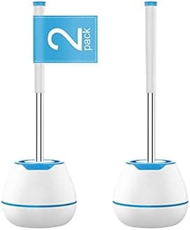 BOOMJOYToilet Brush and Holder Set 2 Pack, Silicone Toilet Bowl Cleaner Brush, Toilet Scrubber Brush with Tweezers for Bathroom Cleaning, RV Accessories, House Organization Must-Haves - White & Blue