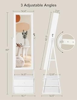 Nicetree Jewelry Armoire with 2 Drawers, Standing Jewelry Mirror Cabinet with Lights, Led Full Length Mirror with Jewelry Storage, Pure White