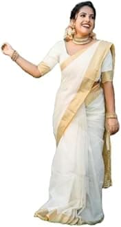 VJ Fashion Women Kasavu Cotton Plain White Saree With Blouse Piece_freesize, White, free size, White, free size