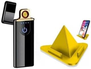 MAX USB DEL-08 Touch Lighter for Smoking Rechargeable Windproof Slim Coil Lighter with Smart Fingerprint Sensor Double Side Ignition Lighter Stylish Black & Mobile Holder Stand Piramid.