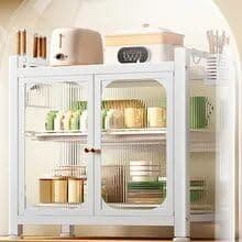 kesig® Carbon Steel Kitchen Storage Rack Drain Dishware Storage Rack Countertop Storage Cupboard With Door Multifunctional Bowl Chopsticks Storage Box Kitchen Countertop Plate Organizer (Grey)