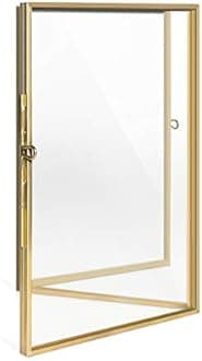 Navaris Folding Triple Photo Frame - Floats 6x4 Photos - Double-Sided Brass and Glass Picture Frame for Multiple Portrait Pictures - Size S, Gold