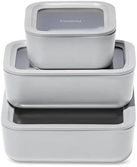 Caraway 3pc Glass Food Storage Set - 10, 6.6, & 4.4 Cup Containers - Ceramic Coated - Non-Toxic Non-Stick Lunch Box With Glass Lids - Dishwasher, Oven, & Microwave Safe - Gray