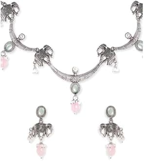 Rubans Oxidised Silver-Plated Handcrafted Stone Studded Necklace Set For Women and Girls – Perfect for Weddings and Special Occasions