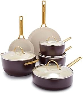 GreenPan Hard Anodized Healthy Ceramic Nonstick 10 Piece Cookware Pots and Pans Set, Gold Handle, PFAS-Free, Dishwasher Safe, Oven Safe, Merlot Purple
