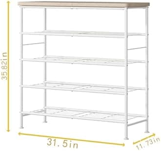 SUOERNUO Shoe Rack Storage Organizer 5 Tier for Closet entryway Free Standing Metal Shoe Shelf with MDF Top Board，White+Oak