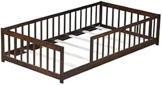 Bellemave Twin Size Floor Bed with slats for Kids, Girls, Boys, Wood Montessori Floor Bed with Guard Rails, Without Door, Walnut