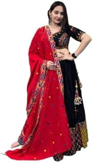 SHEETAL CREATIONWomen's Traditional Black Navratri Lehenga Choli Set with Embroidered Blouse, Multicolor Patchwork Skirt & Red Dupatta | Ethnic Garba Chaniya Choli for Festivals & Weddings