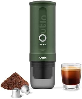 OutIn Nano Portable Electric Espresso Coffee Machine, Travel Coffee Machine for Camping, Self-Heating Car Coffee Machine with USB-C with Ground Coffee and NS Capsule for RV, Hiking