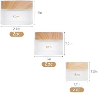 6Pcs Glass Cosmetic Container with Wood Grain Lid Refillable Cosmetic Jar Frosted Glass Cream Container with Leak-proof Lid Empty Sample Jar for Makeup,Lotion,Eye Creams,Scrub Cream,Home Travel
