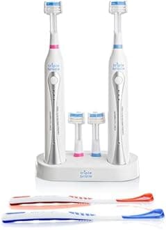 Triple Bristle Duo - 2 Electric Toothbrushes with Dual Charging Station, Patented 3 Head Design, 31,000 VPM, Rechargeable Toothbrush Set for Families & Couples, 3-Sided Sonic Brush