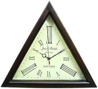 Classic Home Decor Handmade Wooden Triangle Designer Wall Clock | Antique Look Style Deep Glass Roman Number for Home, Hall, Office, Farmhouse Decoration (16 Inch)