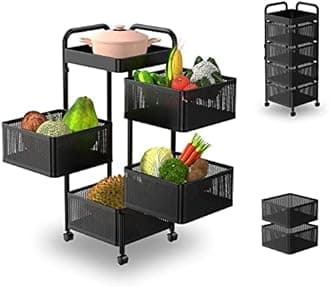 Rotating Kitchen Storage Rack No Assembly, Bathroom Shelf, Organizers and Storage Cart for Fruit Vegetable Grocery Corns Potato Onion(Black, 4-Tier Square)