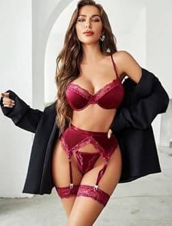 Avidlove Lingerie for Women Underwire Bra and Panty Sets 5 PCS Satin Lace Lingerie Set with Garter Belts