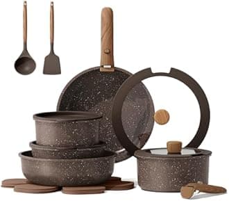 CAROTE 17PCS Pots and Pans Set Non Stick with Detachable Handle, Nonstick Cookware Sets, Cooking Kitchen Set, Oven/Dishwasher Safe, Induction Cookware, Brown, RV Kitchen Pot and Pan