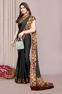 MIRCHI FASHION Women's Chiffon Ajrakh Border Pallu Pririnted Solid Saree with Blouse Piece