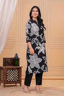 MEERA FAB Women's Pure Cotton Printed Ethnic Wear Straight Kurta Set with Palazzo Pants