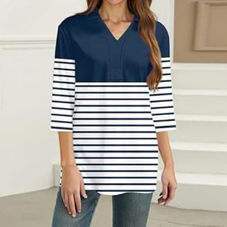 Women's 3/4 Sleeve V-Neck Collared Tops Summer Business Casual Work Polo Shirts 2025 Trendy Loose Fit Basic Tees