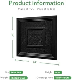 STICKGOO Drop Ceiling Tile 2ft x 2ft, Ceiling Panel High-Grade PVC Coverings 24 x 24in Textured Popcorn Black- 12 Pack Cover 48 Sq. Ft