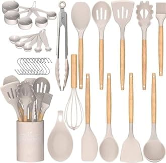 24pc Silicone Cooking Utensils with Wooden Handle - Set of Tools: Spatulas, Turners, Tongs, Whisk and More