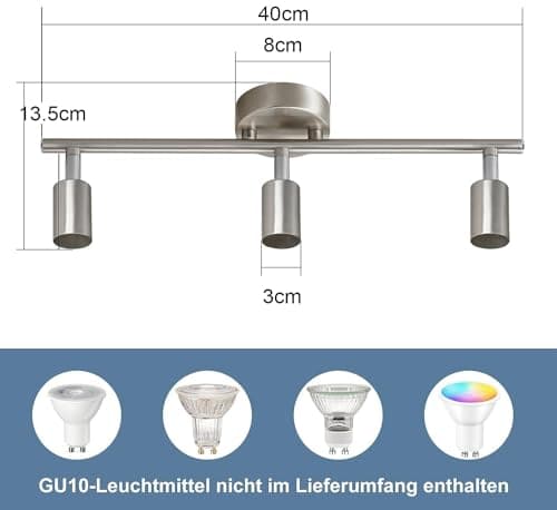 Glitzerlife Spot Light Nickel 3 Way - Ceiling Light GU10 Rotatable Ceiling Spots Adjustable 350° Swiveling Design Spot Light Metal for Living Room Bedroom Kitchen Without Bulbs