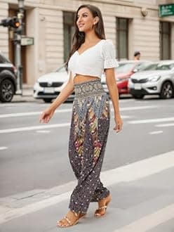 QIANXIZHAN Women's Harem Pants, High Waist Yoga Boho Trousers with Pockets, Black Flower, XX-Large