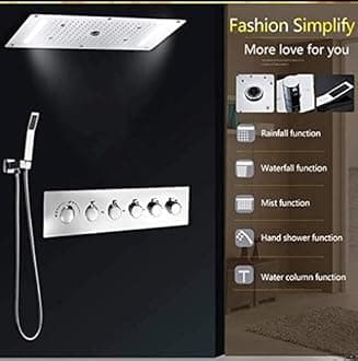 Cascada Vaticano LED Modern Shower System | Multi-Functions Shower head with Handheld Shower | Ceiling Mount | 15"x28" | 6-Knob Thermostatic Valve (15"x28", Antique Brass)