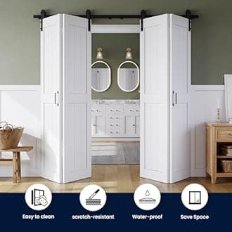 Bifold Barn Door 72" x 84", MDF Bi-Fold Sliding Closet Doors with Hardware Kit Included, Pre-Finished Easy Assembly, Water-Proof PVC Surface & Save Space, H-Frame, 80" Track for 4 Doors,White