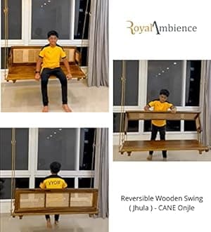 Wooden Swing for Home, Reversible Cane Jhula with Brass Coated Chain -Ovi - 40 inch