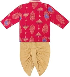 Superminis Boy's Golden Foil Printed Side Open Cotton Kurta, Round Collar, Full Sleeves With Cream Color Dhoti