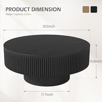 YOUDENOVA 31.5” Round Fluted Coffee Table, Modern Wood Circle Coffee Table, Veneer Handcrafted Relief Tea Table with Sturdy Pedestal for Living Room，Easy Assembly - Black