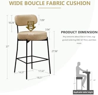 DYHOME Bar Stools Set of 6,Beige 28 Inches Boucle Counter Height Bar Stools with Back & Metal Legs, Modern Upholstered Metal Tall Barstools for Kitchen Island