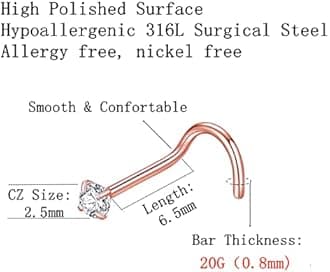 BLESSMYLOVE 316L Surgical Steel 22g/20g/18g Nose Rings Studs L-Shape Nose Nostrial Piercing Body Jewerly L Shaped Nose Studs 1.5mm 2mm 2.5mm 3mm CZ Nose Screw Studs Rings for Women