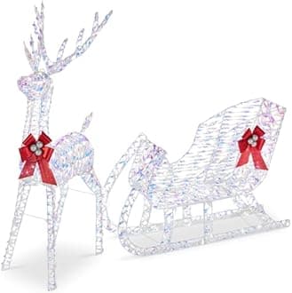 Best Choice Products Lighted Christmas 4ft Reindeer & Sleigh Holiday Outdoor Yard Decoration Set w/ 205 LED Lights, Stakes, Zip Ties - Iridescent