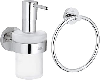 Essentials Holder with Soap Dispenser Set –, Suitable for Gluing, Chrome, 40448001 & Essentials Towel Ring – Bathroom Towel Holder, Suitable for Gluing, Size 20 cm, Chrome, 40365001