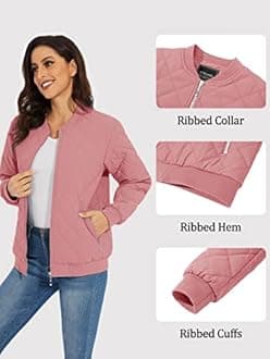 TACVASEN Women's Diamond Quilted Jackets Full Zip Winter Bomber Jacket Padded Coats Casual Warm Jacket with Pockets